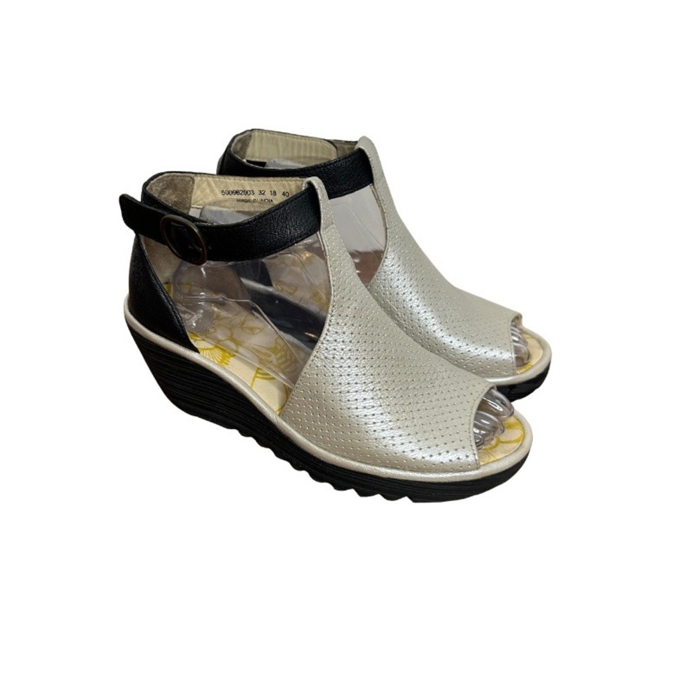 Fly London Lemo Ankle Strap Platform Wedge Sandal Silver Black Size 40 US 9-9.5